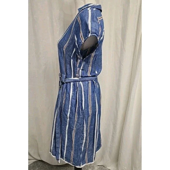 Pilcro by Anthropologie Linen Blend Belted Shift Dress Blue Stripe Women’s Sz 12 - Picture 5 of 10